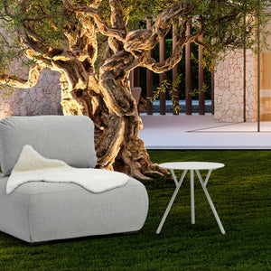 Outdoor furniture set featuring an aluminium round coffee table with light grey frame and upholstered modular lounge set, perfect for any outdoor space.