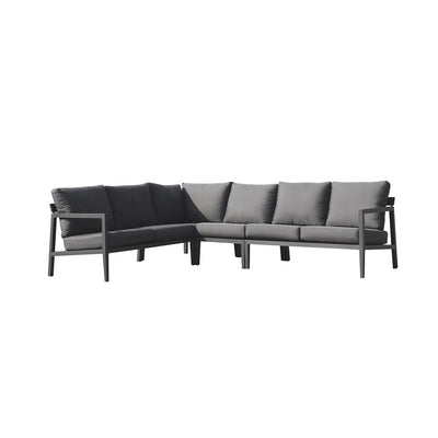 Bradford aluminium outdoor furniture, 6-seater modular outdoor lounge with charcoal frame and cushions, perfect for modern spaces and Australia's harsh climate.