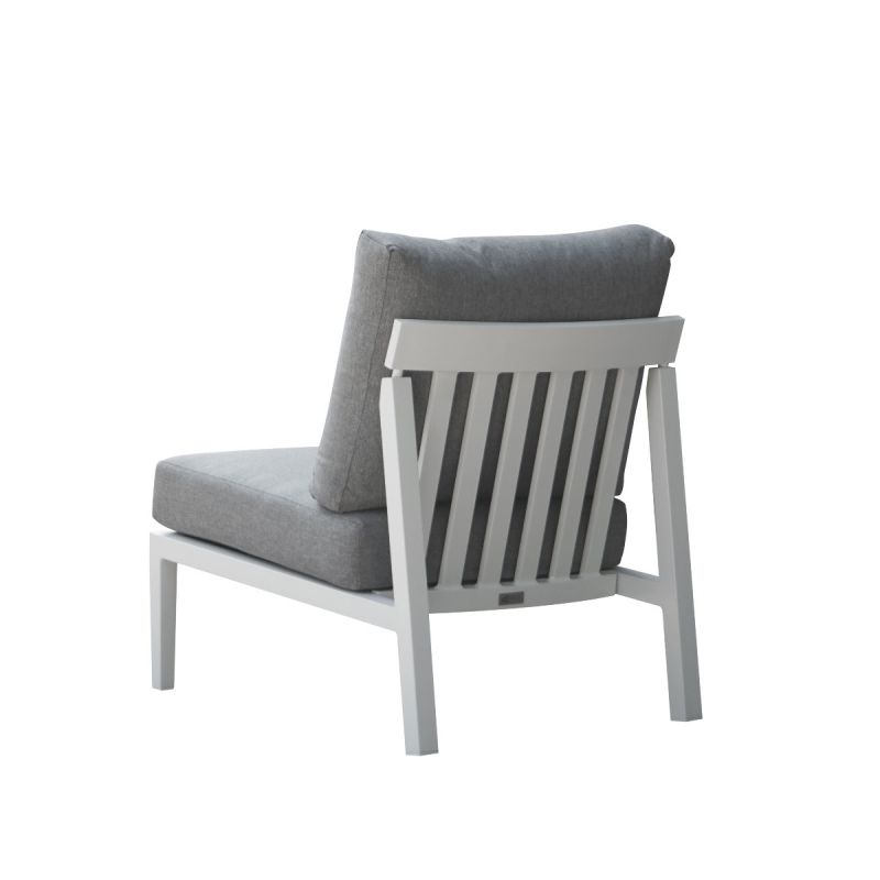 Bradford aluminium outdoor furniture, a sleek outdoor lounge in charcoal or white, perfect for modern spaces. Image shows backview of armless chair with grey cushions.