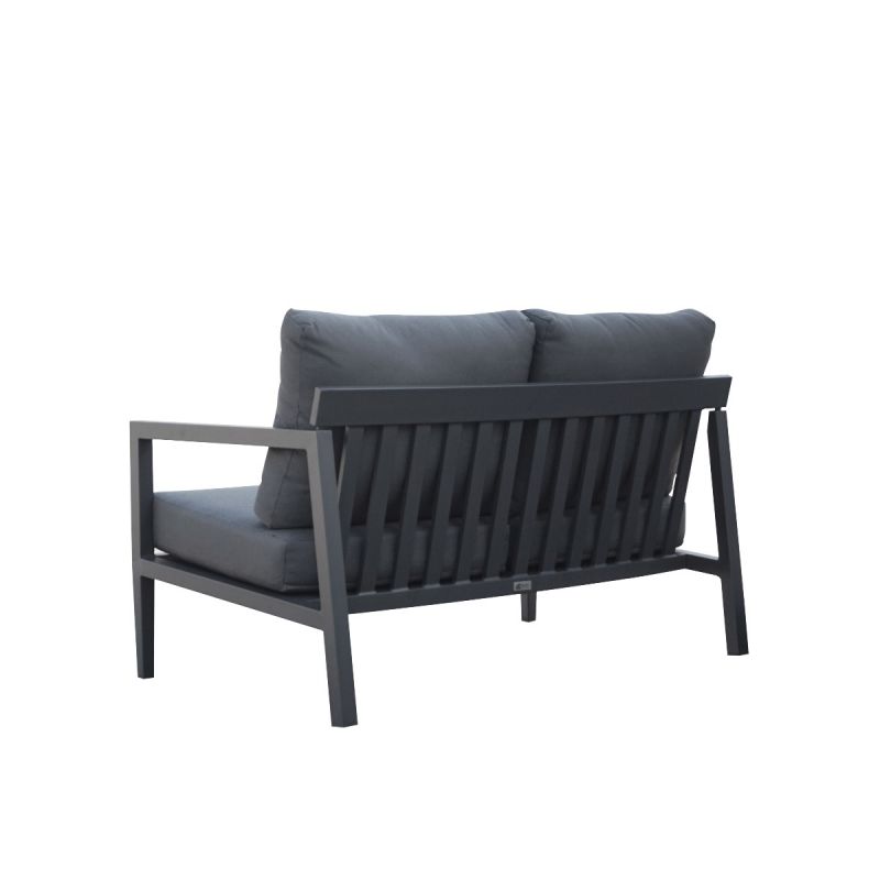 Bradford aluminium outdoor furniture, a sleek black couch with grey cushions on a white background, perfect as outdoor balcony furniture.