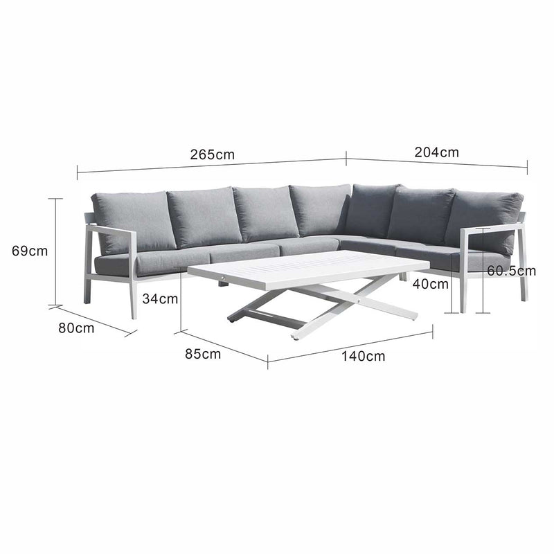 Bradford aluminium outdoor furniture, 6-seater modular outdoor lounge with white frame and grey cushions, perfect for modern spaces and Australia&