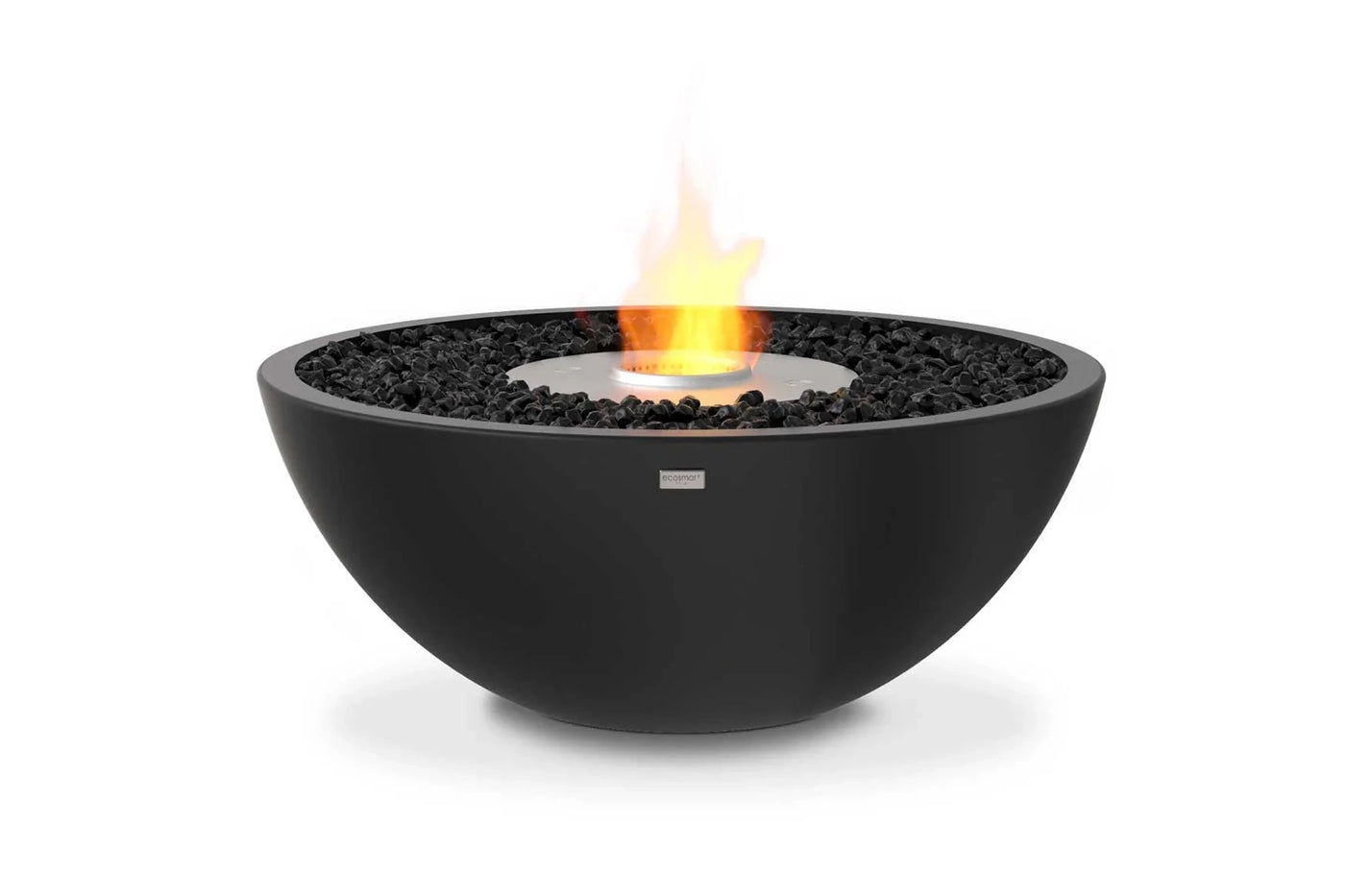 Modern and sleek black EcoSmart fire pit, set against a plain white background, offering a stylish and efficient outdoor heating solution.