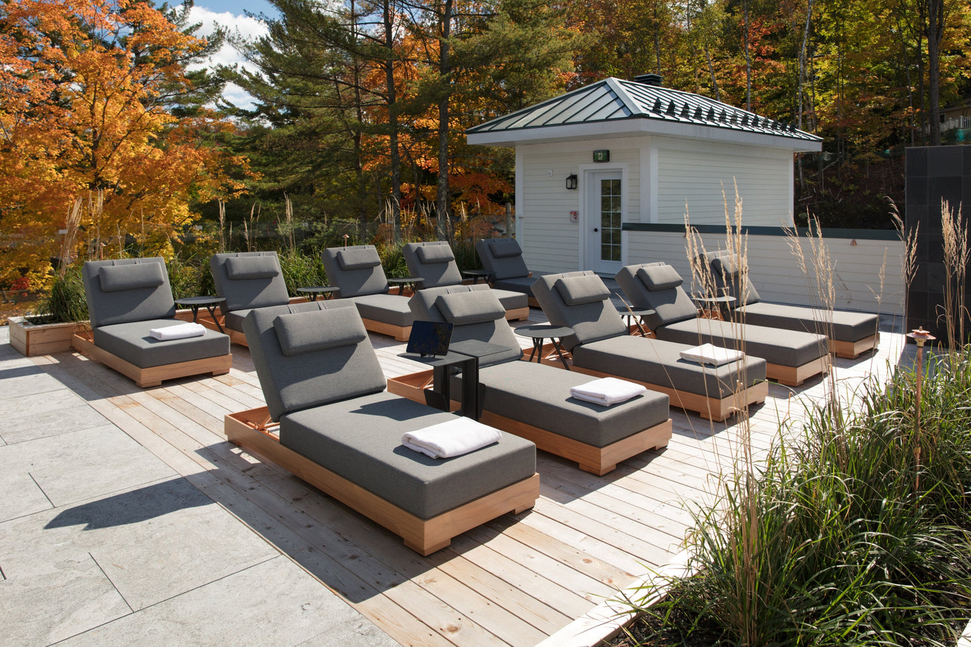 A serene forest deck area with 10 luxury sun loungers in sunlight, designed for relaxation and functioning as daybeds.