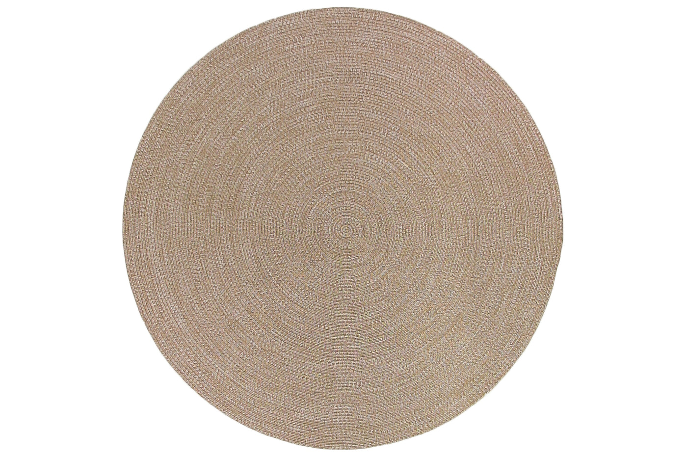 Round brown outdoor rug, displayed on a plain white background, perfect for adding style to outdoor spaces.