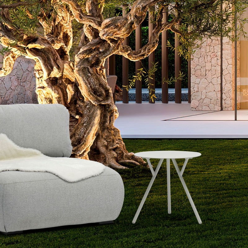 Outdoor furniture set featuring an aluminium round coffee table with light grey frame and upholstered modular lounge set, perfect for any outdoor space.