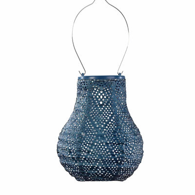 Blue pear-shaped 'Lumiz' 'Bulb' outdoor lantern, great for bringing light to outdoor living areas, displayed on a plain white background, viewed from the front.