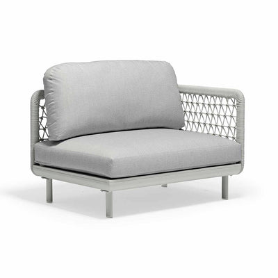 The left arm end chair piece of a modern outdoor sofa set, featuring plush light grey cushions on a sleek metal frame. The piece is placed against a plain white background.