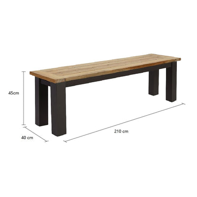 The 'Exeter' outdoor wooden bench; one of Remarkable Outdoor Living's best pieces of outdoor furniture. This bench is crafted from recycled teak and features sturdy black aluminium legs. It is displayed on a plain white background, viewed from a front angle. Its measurements are clearly shown at 210 cm long, 40 cm wide, and 45 cm tall.