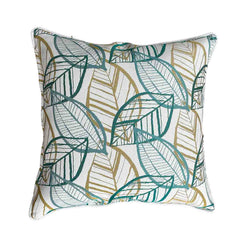 White, blue, and yellow outdoor scatter cushion with a Citron-inspired leaf pattern design, perfect for outdoor furniture setups, displayed on a plain white background, viewed from the front.