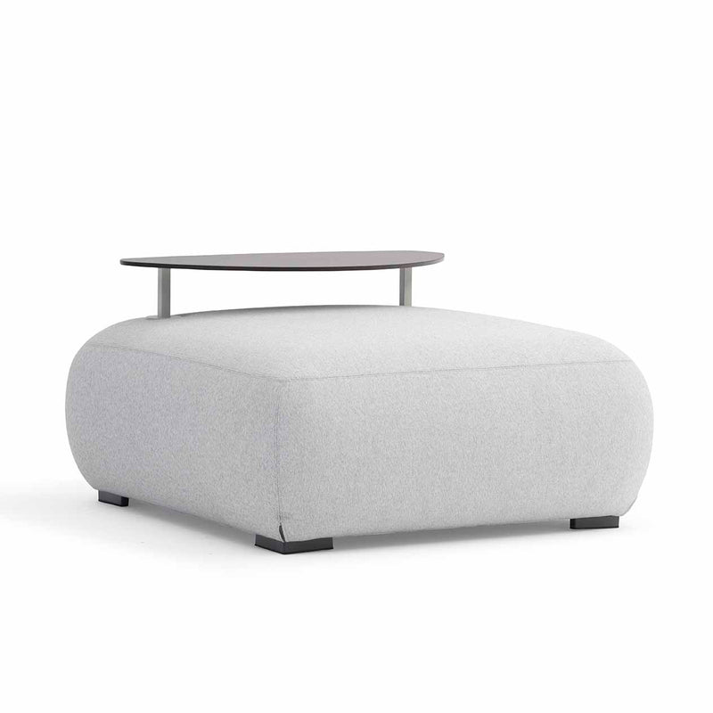 Outdoor furniture: An aluminium upholstered ottoman with light grey frame and light grey fabric set against a white background.