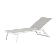 Sleek white & grey aluminium 'Kent' outdoor sun lounger displayed on a plain white background, viewed from a front angle.