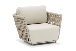 Modern beige modular rope outdoor armchair with an aluminium frame, set against a plain white background.