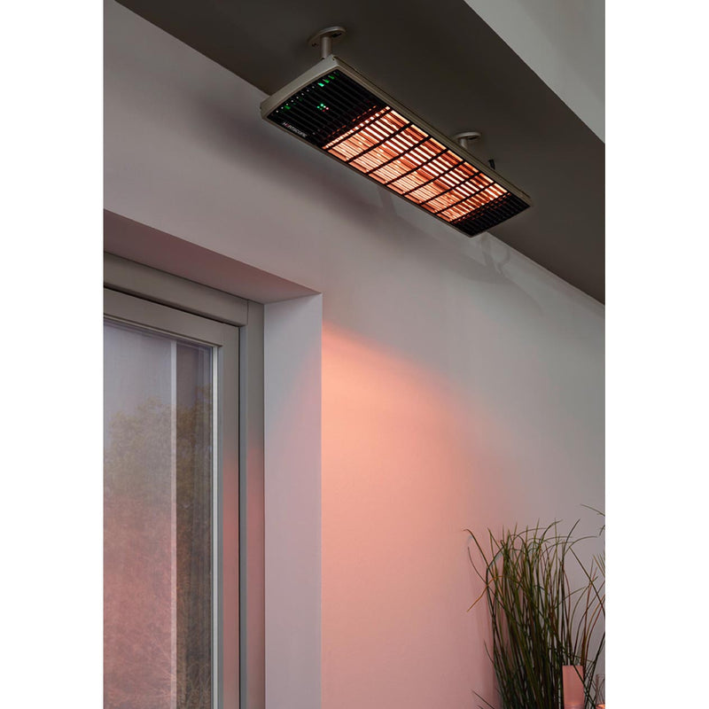 A silver Heatscope heater installed above a doorway, providing warmth to an outdoor living space.