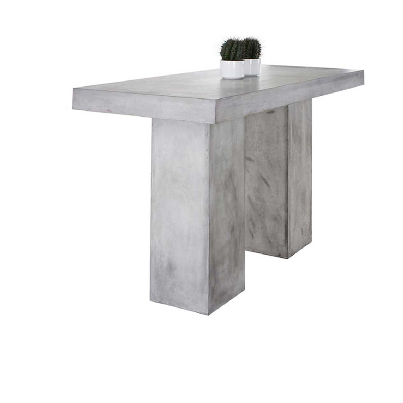 A modern 160 cm outdoor concrete table with two thick sturdy legs. The table has 2 small succulent pot plants on top of it and is displayed on a plain white background, viewed from a side angle.