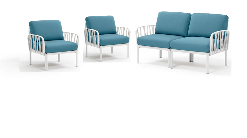 Blue & white Nardi Komodo 4-seater outdoor lounge displayed on a plain white background, viewed from a front angle.