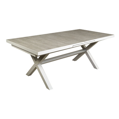 White 201/261 cm extendable ceramic outdoor dining table from the 'Clifton' range, ideal for alfresco furniture setups, displayed on a plain white background, viewed from a front angle.