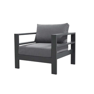 Outdoor furniture: An aluminium armchair with charcoal frame and fabric set against a white background.