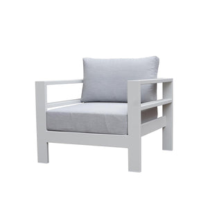 Outdoor furniture: An aluminium armchair with white frame and light grey fabric set against a white background.