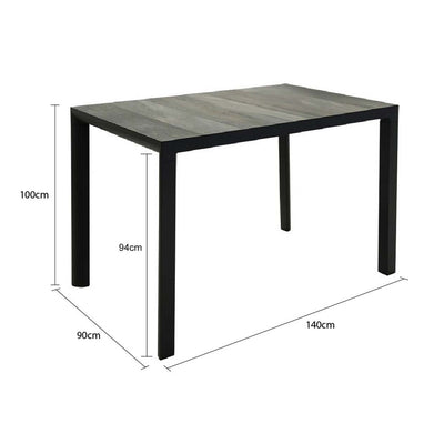 The black 'Clifton' outdoor ceramic bar table, one of Remarkable Outdoor Living's most durable outdoor tables, is displayed on a plain white background, viewed from a front angle. Its measurements are clearly displayed at 140 cm long, 90 cm wide, and 100 cm tall.