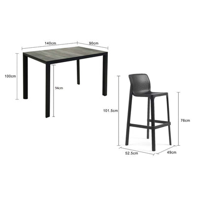 A grey, rectangular Clifton ceramic outdoor table accompanied by a black Nardi Net resin bar stool, displayed on a plain white background. The table's measurements are shown at 140 cm long, 90 cm wide, and 100 cm tall. The stool's measurements are shown at 52.5 cm long, 49 cm wide, and 101.5 cm tall.